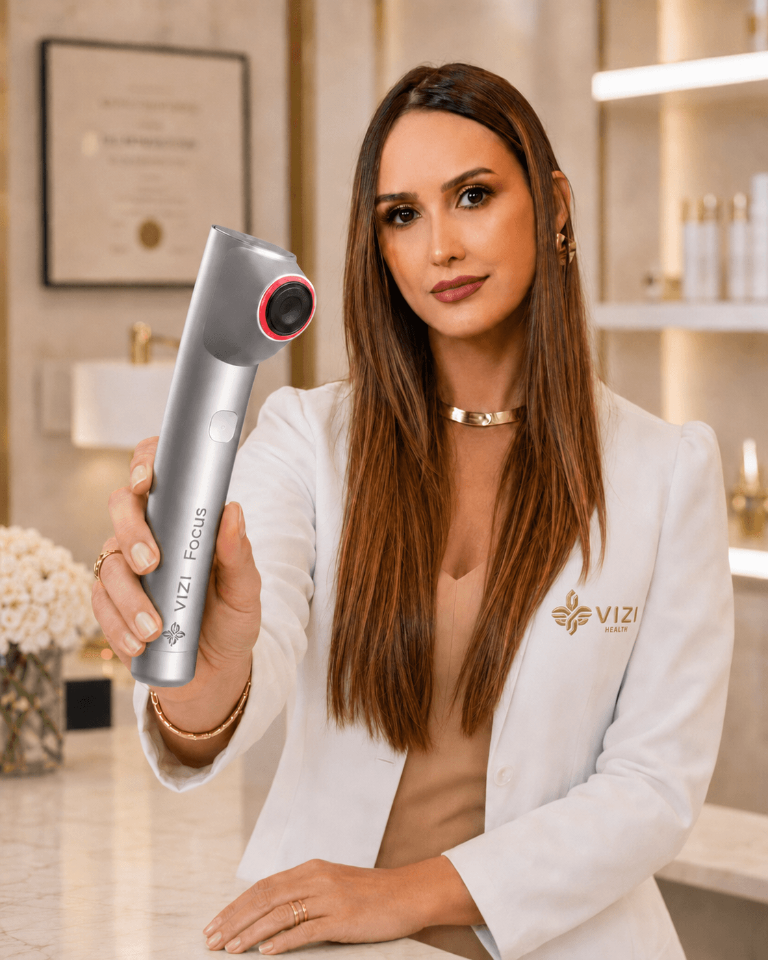 Especialista VIZI Health apresentando o aparelho VIZI Focus